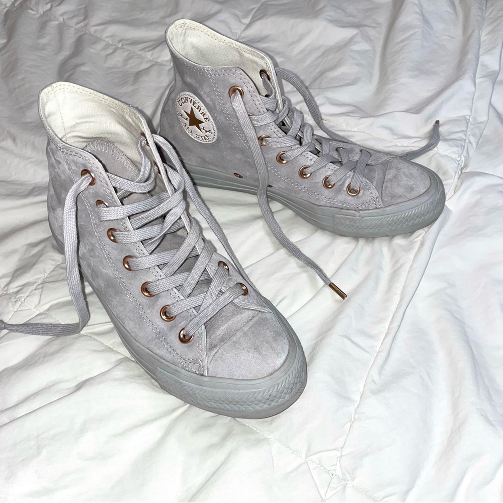 Rose Gold Grey Suede High Top Converse.